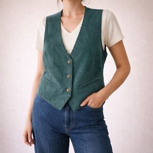 Vintage Suede Sweater Vest Satin Trim Teal Green Cowgirl Western Size Small